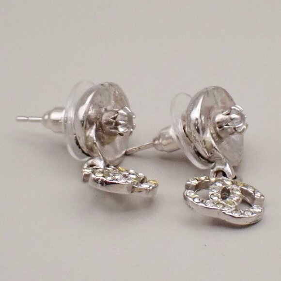 CHANEL CC Logo Rhinestone Camelia Piercing Earring 04P Silver France 38RF516 - Picture 2 of 11